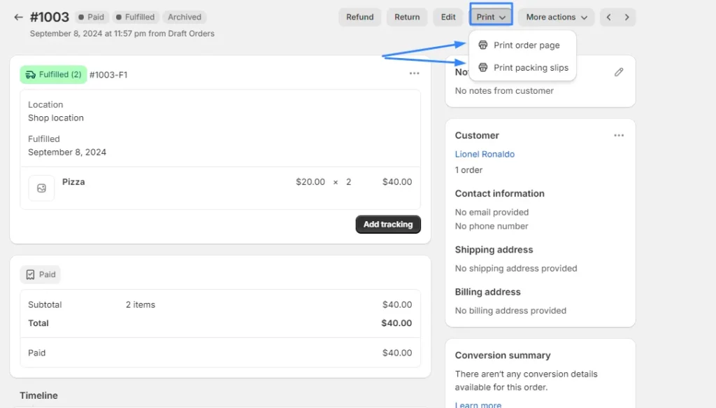 Click the Print option (drop-down menu).